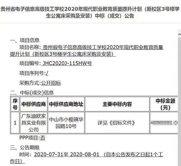 贵州省电子信息高级技工学校家具学生公寓床采购项目